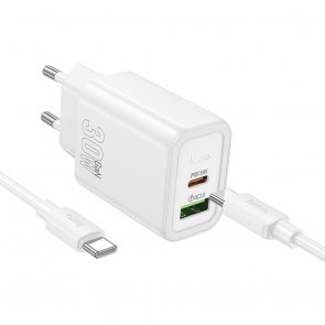 HOCO nástěnná nabíječka USB A + typ C + kabel typ C na typ C PD QC3.0 3A 30W N63 bílá