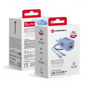  F-ENERGY Crystal Color GaN III VT-41 cestovní nabíječka se silikonovým kabelem s 1 x zásuvkou typu C + 1 x USB A, PD QC4.0 33W modrá