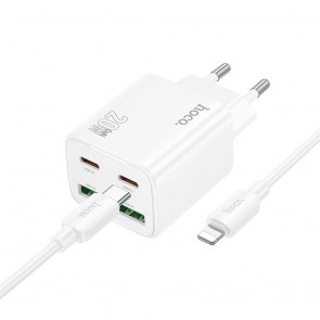 Nabíječka HOCO 2 x Type C + 2 x USB A + kabel Type C to Lightning PD QC3.0 3A 20W N55 bílá