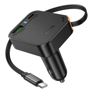 Nabíječka do auta Hoco s výsuvným kabelem 2 x USB C + USB A QC PD 65W NZ18 černá