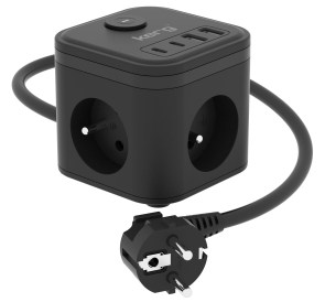KERG 3-zásuvková napájecí kostka + rychlonabíječka USB-A+USB-C 1,5m 3×1,5mm2 H05VV-F 16A/250V~ Smart černá