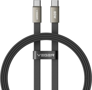 Plochý kabel typu C – typ C VEGER PD 3 A, 60 W, CC06-MTB, 1,2 m, černý