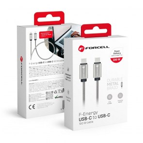  F-ENERGY Kovový kabel C239 Typ C až Typ C PD QC4.0 5A 100W E-mark 1 m stříbrný